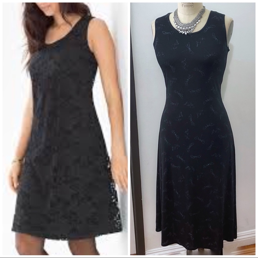 Vintage 90s Butterfly Print Black Tea Length Dress